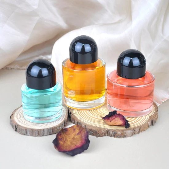 Frasco de vidro redondo transparente para perfume, frasco cilíndrico vazio separado para perfume com tampa preta